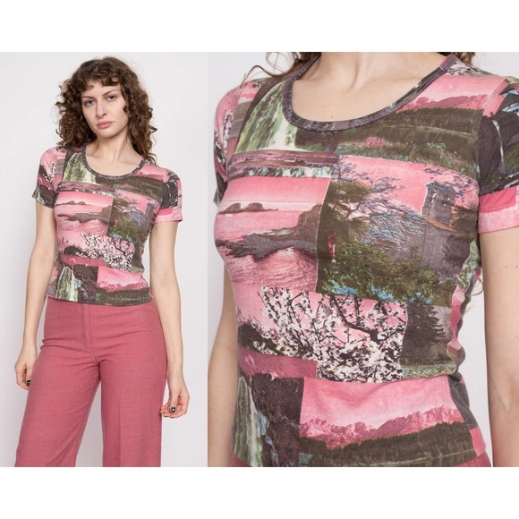 70s‎ Pink Seaside Photo Print Tee - Small to Medium - Picture 1 of 8